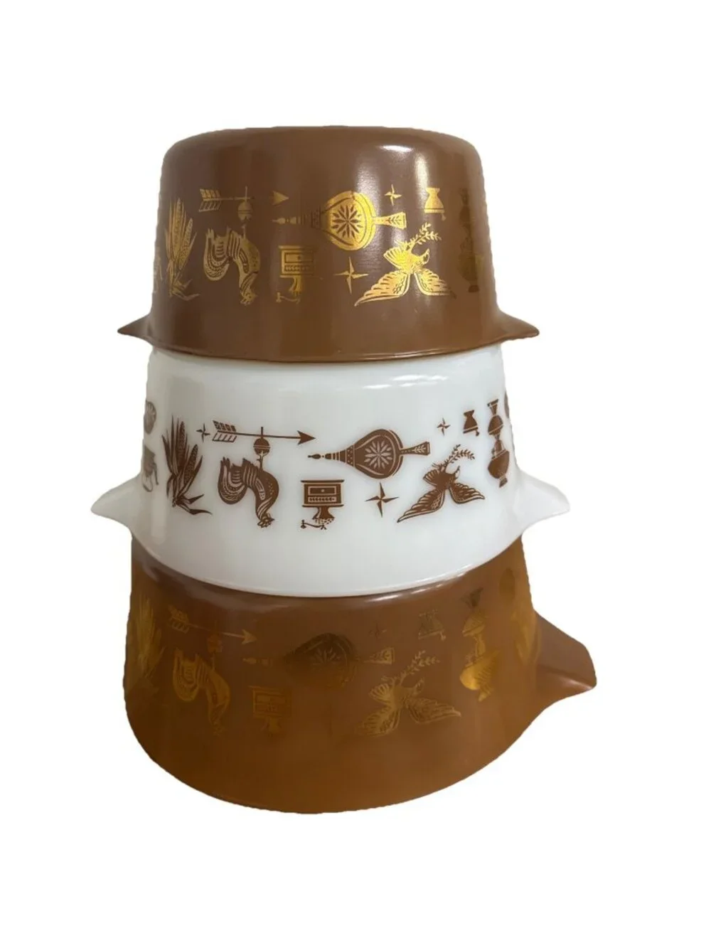 Pyrex Vintage Set of 3 Cinderella Early American Mixing Nesting Bowls Gold Brown